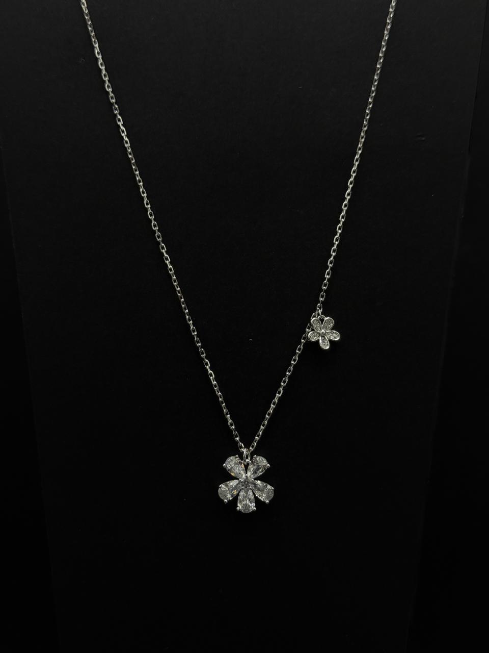 Dual Blossom Asymmetrical Silver Chain Pendant #624
